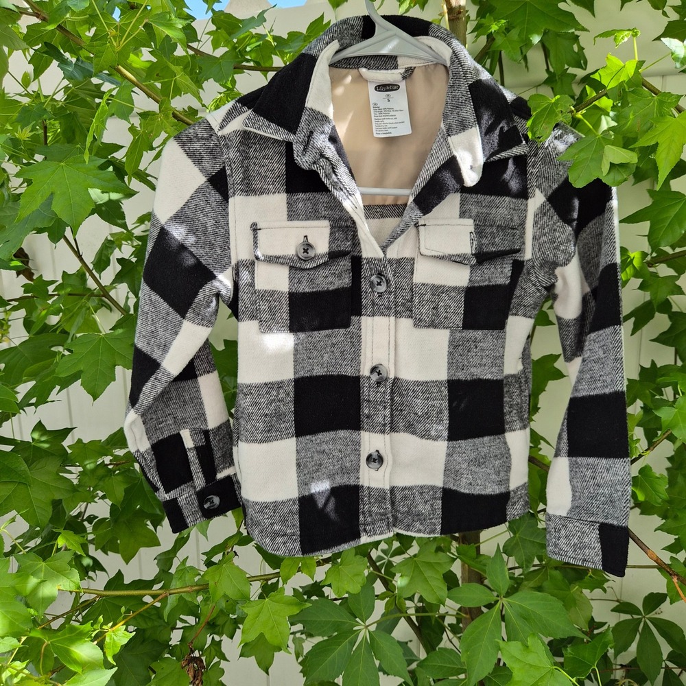 Lily & Dan Kids Buffalo Plaid Shacket Black White Button Up S Cabincore